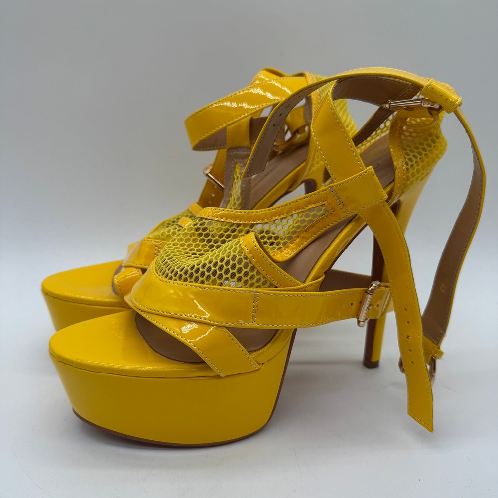 Onlymaker Womens US 12 Yellow Mesh Platform Sandals 6.5 Inch Stiletto Heels